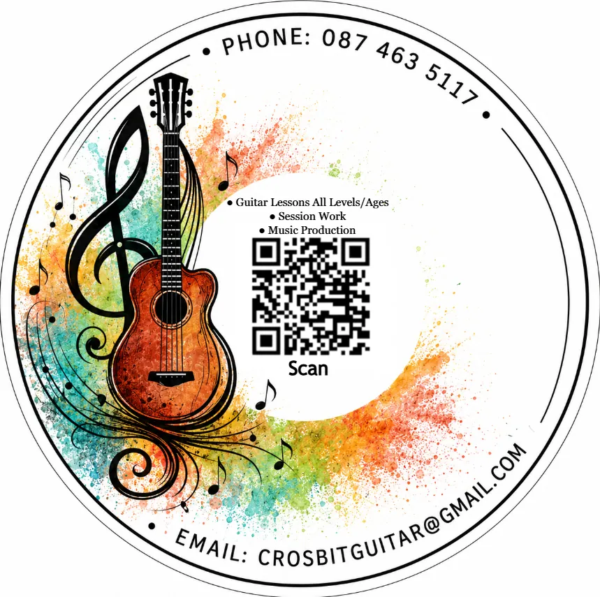 Crosbit guitar lessons Dublin sticker with a watercolour guitar, phone number and email address